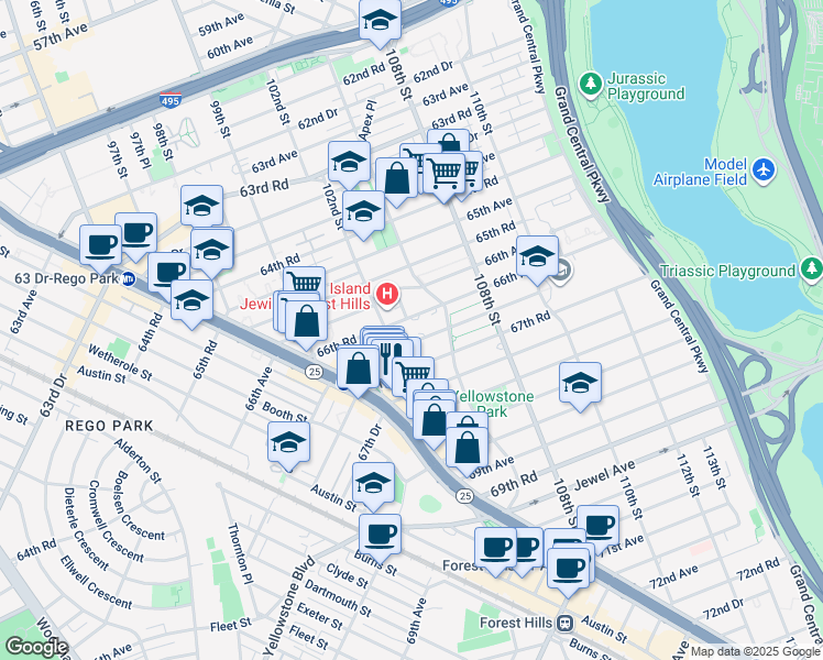 map of restaurants, bars, coffee shops, grocery stores, and more near 102-31 67th Avenue in Queens