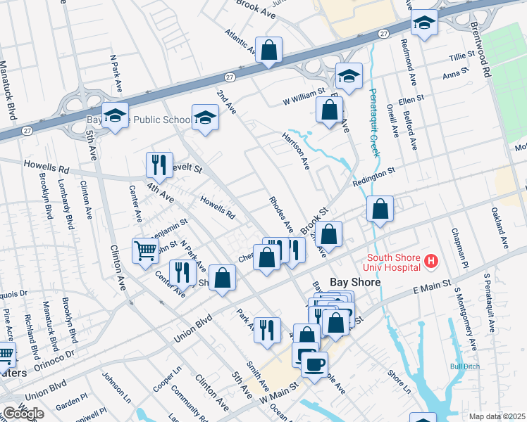 map of restaurants, bars, coffee shops, grocery stores, and more near 89 Third Avenue in Bay Shore