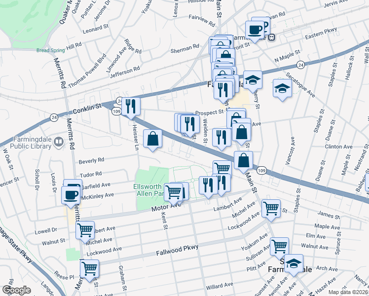 map of restaurants, bars, coffee shops, grocery stores, and more near 16 Gwynne Lane in Farmingdale