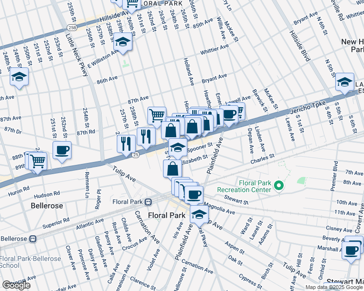 map of restaurants, bars, coffee shops, grocery stores, and more near 9 Spooner Street in Floral Park
