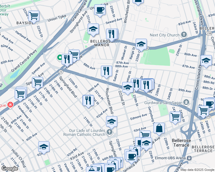 map of restaurants, bars, coffee shops, grocery stores, and more near 90-17 Winchester Boulevard in Queens