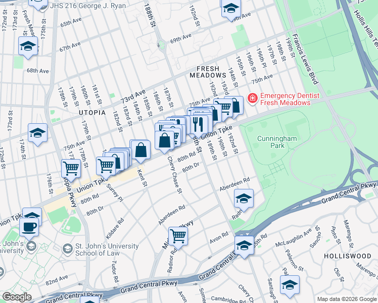 map of restaurants, bars, coffee shops, grocery stores, and more near 32 80th Road in Queens