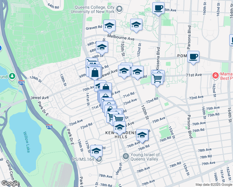 map of restaurants, bars, coffee shops, grocery stores, and more near 71-07 Vleigh Place in Queens