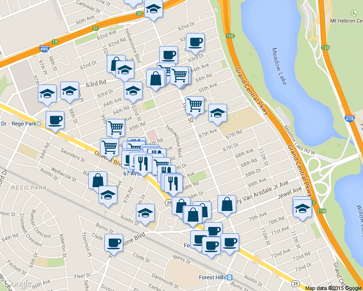map of restaurants, bars, coffee shops, grocery stores, and more near 67-12 Yellowstone Boulevard in Queens