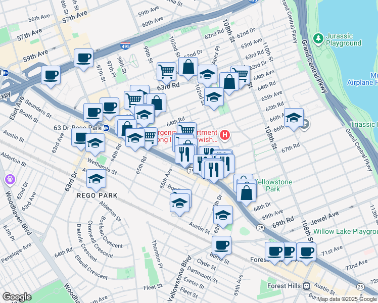 map of restaurants, bars, coffee shops, grocery stores, and more near 6611 99th Street in Queens