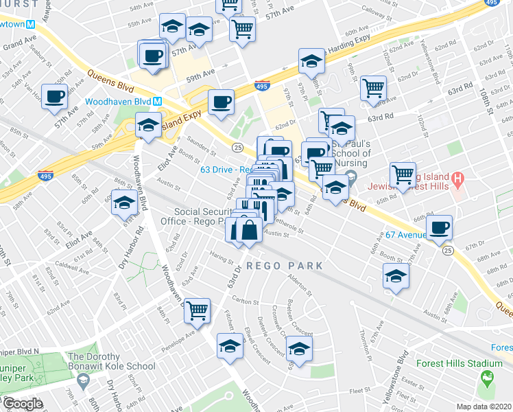 map of restaurants, bars, coffee shops, grocery stores, and more near 63-44 Wetherole Street in Queens