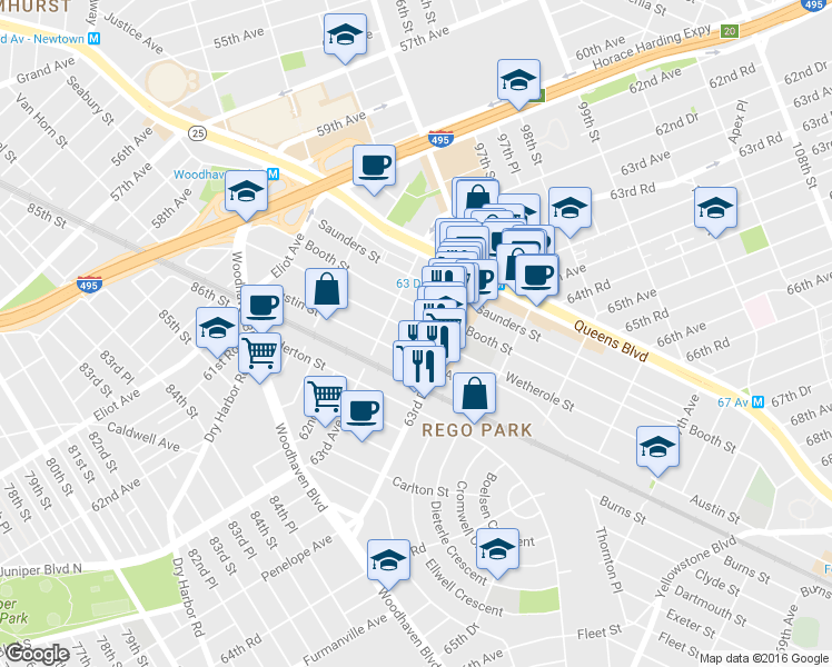map of restaurants, bars, coffee shops, grocery stores, and more near 63-44 Wetherole Street in Queens