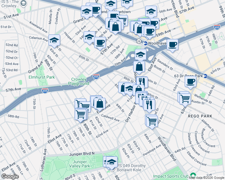 map of restaurants, bars, coffee shops, grocery stores, and more near 84-13 60th Drive in Queens