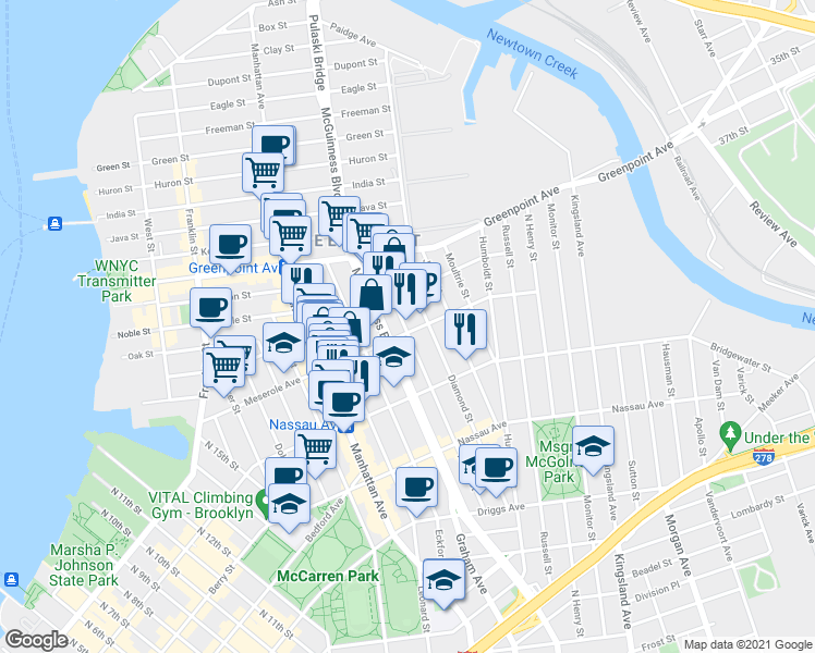 map of restaurants, bars, coffee shops, grocery stores, and more near in Brooklyn