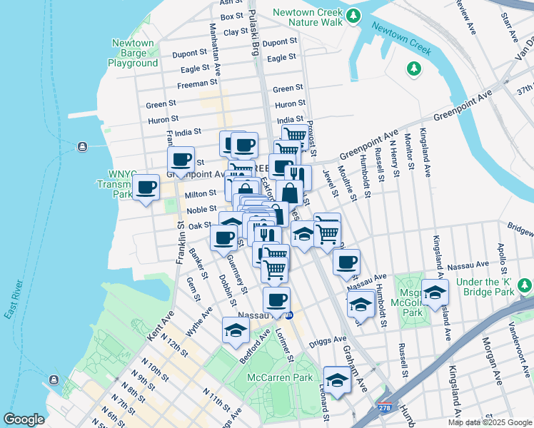map of restaurants, bars, coffee shops, grocery stores, and more near 257 Eckford Street in Brooklyn