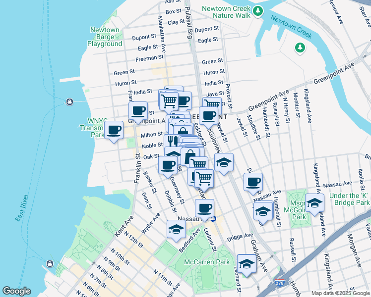 map of restaurants, bars, coffee shops, grocery stores, and more near 802 Manhattan Avenue in Brooklyn