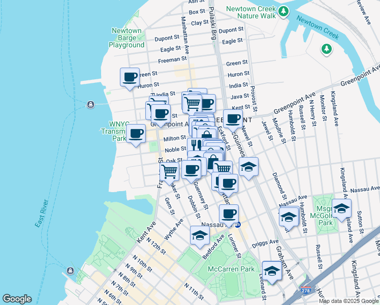 map of restaurants, bars, coffee shops, grocery stores, and more near 1097 Lorimer Street in Brooklyn