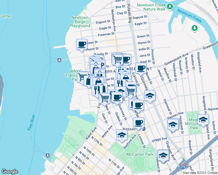 map of restaurants, bars, coffee shops, grocery stores, and more near 121 Oak Street in Brooklyn