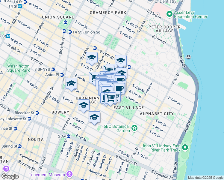 map of restaurants, bars, coffee shops, grocery stores, and more near 246 East 10th Street in New York