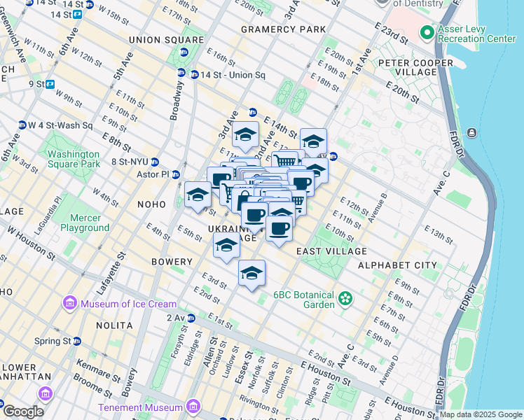 map of restaurants, bars, coffee shops, grocery stores, and more near 69 Saint Marks Place in New York