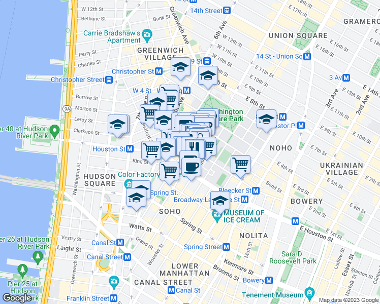 map of restaurants, bars, coffee shops, grocery stores, and more near 510 LaGuardia Place in New York