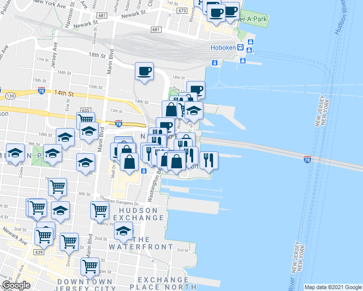 map of restaurants, bars, coffee shops, grocery stores, and more near 35 River Drive South in Jersey City