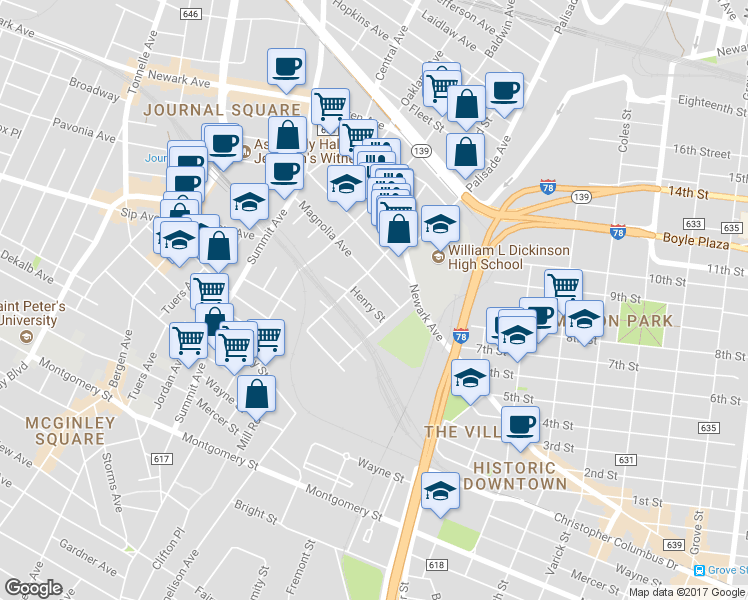 map of restaurants, bars, coffee shops, grocery stores, and more near 11 Henry Street in Jersey City
