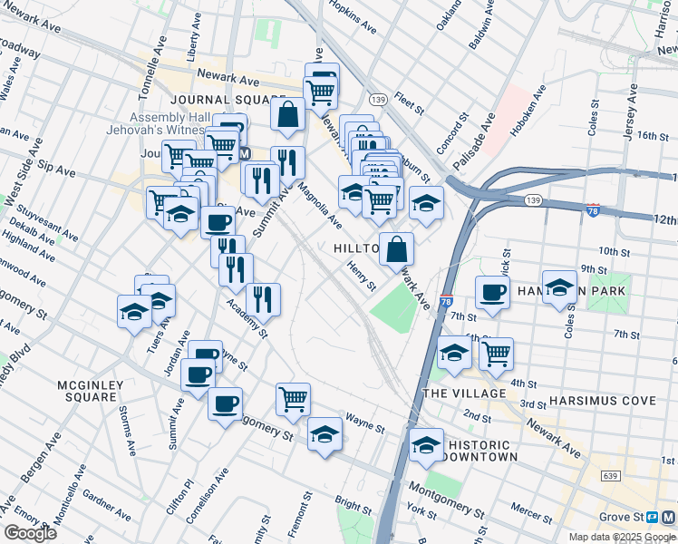 map of restaurants, bars, coffee shops, grocery stores, and more near 39 Alan Terrace in Jersey City