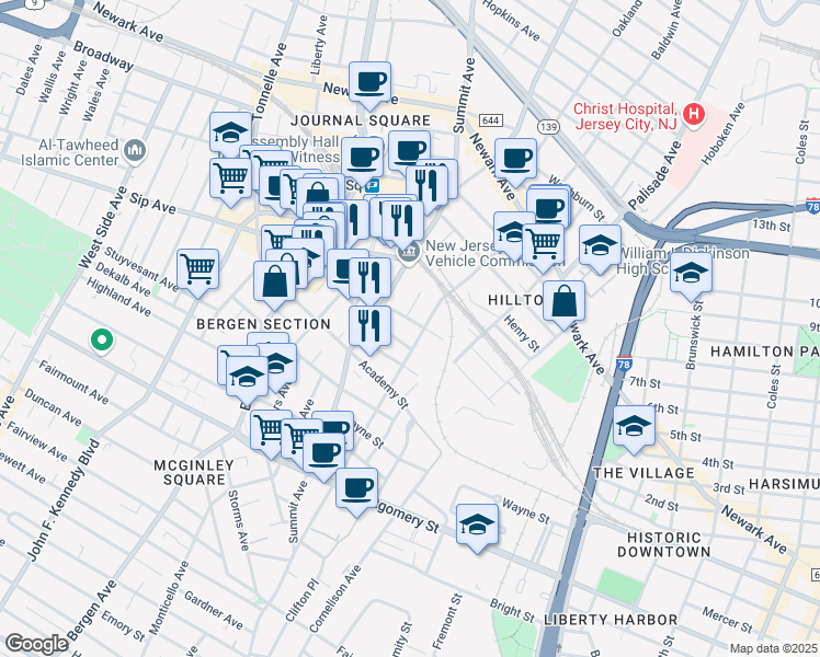 map of restaurants, bars, coffee shops, grocery stores, and more near 173 Baldwin Avenue in Jersey City