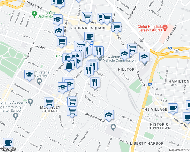 map of restaurants, bars, coffee shops, grocery stores, and more near 32 Rock Street in Jersey City