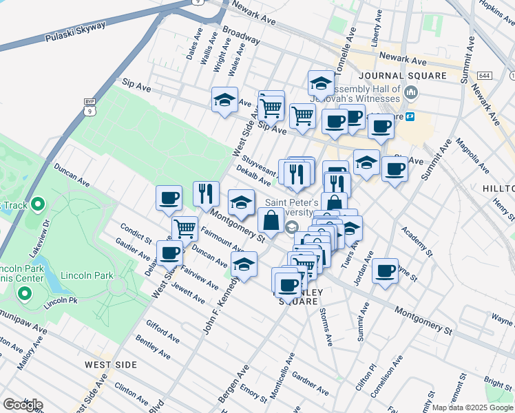 map of restaurants, bars, coffee shops, grocery stores, and more near 98 Glenwood Avenue in Jersey City