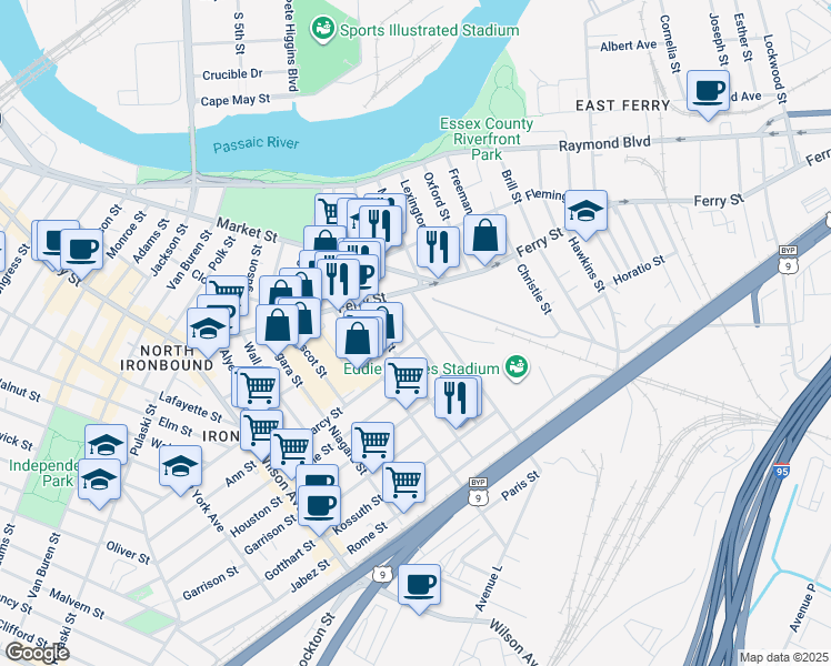 map of restaurants, bars, coffee shops, grocery stores, and more near 45 Saint Francis Street in Newark