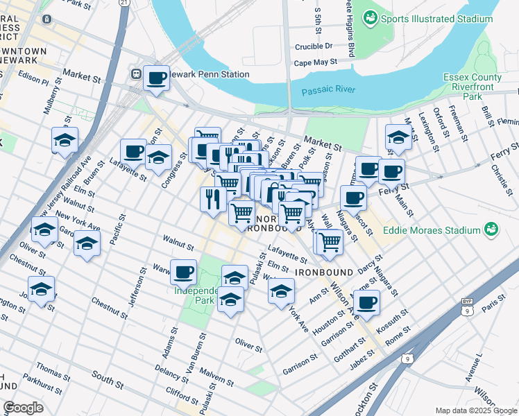 map of restaurants, bars, coffee shops, grocery stores, and more near 134 Van Buren Street in Newark