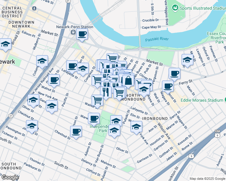 map of restaurants, bars, coffee shops, grocery stores, and more near in Newark