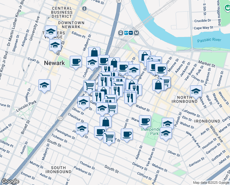 map of restaurants, bars, coffee shops, grocery stores, and more near 195 Walnut Street in Newark