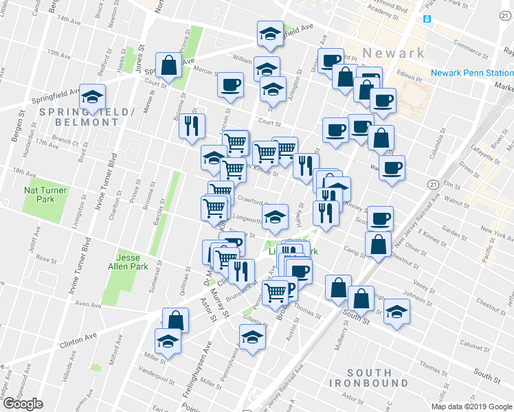 map of restaurants, bars, coffee shops, grocery stores, and more near 22 Longworth Street in Newark