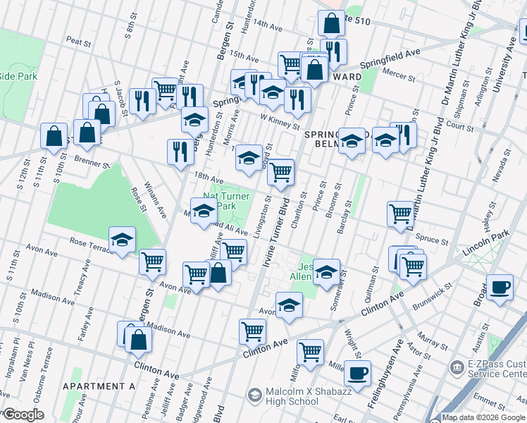 map of restaurants, bars, coffee shops, grocery stores, and more near 188 Irvine Turner Boulevard in Newark