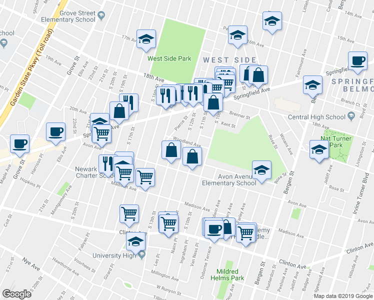 map of restaurants, bars, coffee shops, grocery stores, and more near 731 South 11th Street in Newark