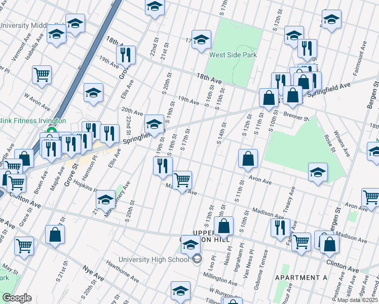 map of restaurants, bars, coffee shops, grocery stores, and more near 439 Avon Avenue in Newark