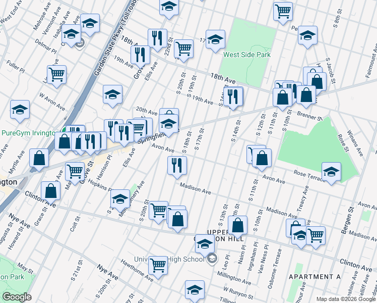 map of restaurants, bars, coffee shops, grocery stores, and more near 460 Avon Avenue in Newark