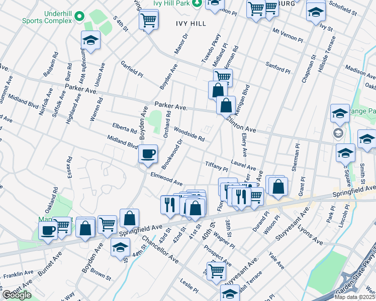 map of restaurants, bars, coffee shops, grocery stores, and more near 98 Tiffany Place in Maplewood