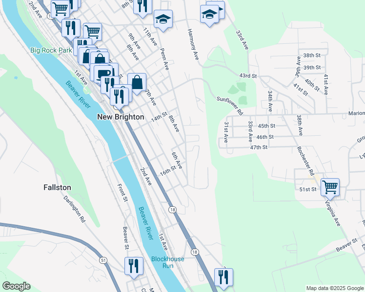 map of restaurants, bars, coffee shops, grocery stores, and more near 1533 Penn Avenue in New Brighton