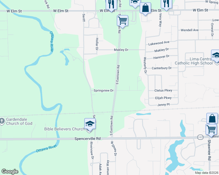 map of restaurants, bars, coffee shops, grocery stores, and more near 3301-3499 Spring View Drive in Lima