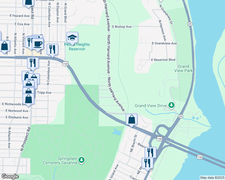 map of restaurants, bars, coffee shops, grocery stores, and more near 1920 East Minnesota Street in Peoria