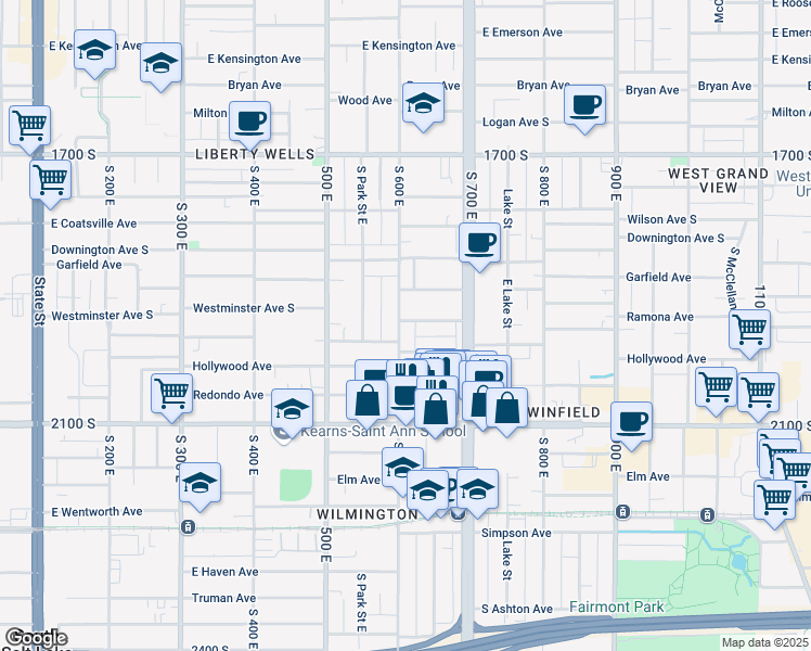 map of restaurants, bars, coffee shops, grocery stores, and more near 1923 South 600 East in Salt Lake City