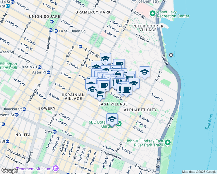map of restaurants, bars, coffee shops, grocery stores, and more near 502 East 11th Street in New York