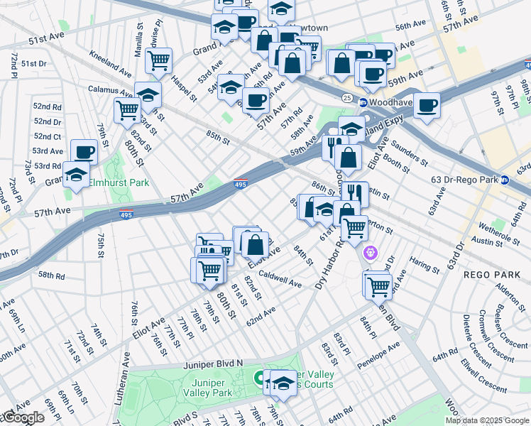map of restaurants, bars, coffee shops, grocery stores, and more near 83-36 60th Avenue in Queens
