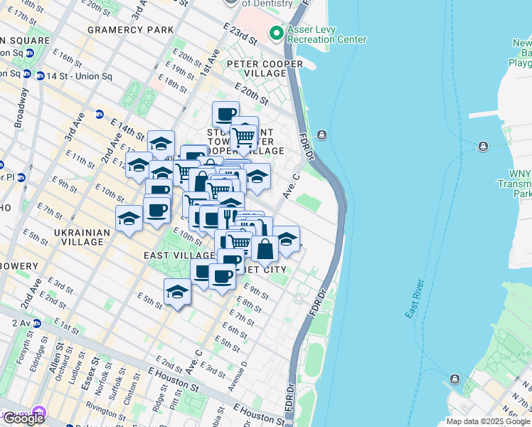 map of restaurants, bars, coffee shops, grocery stores, and more near 642 East 14th Street in New York