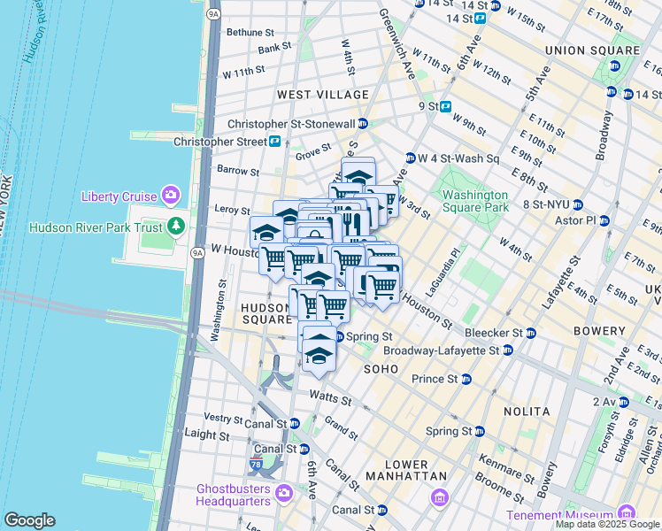 map of restaurants, bars, coffee shops, grocery stores, and more near 209 West Houston Street in New York