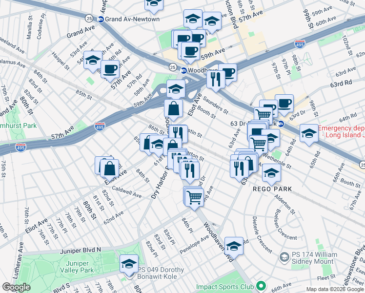 map of restaurants, bars, coffee shops, grocery stores, and more near 61-11 Alderton Street in Queens