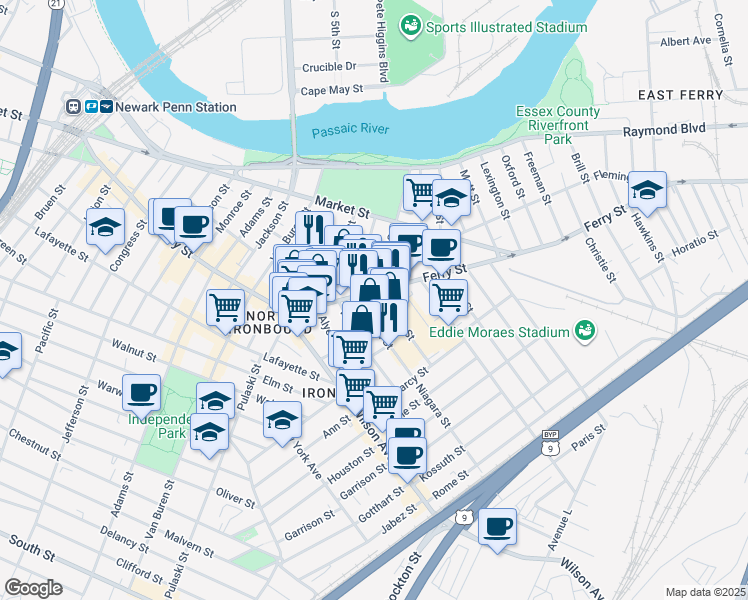 map of restaurants, bars, coffee shops, grocery stores, and more near 269 Ferry Street in Newark