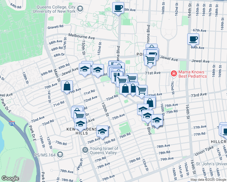 map of restaurants, bars, coffee shops, grocery stores, and more near 153-47 72nd Road in Queens