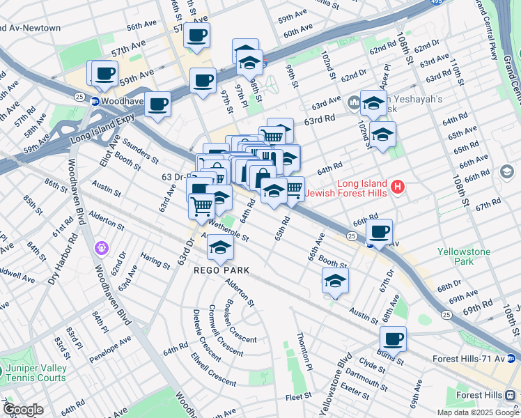 map of restaurants, bars, coffee shops, grocery stores, and more near 49 66th Road in Queens