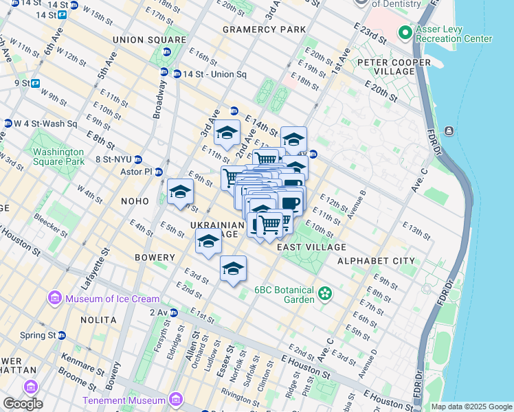 map of restaurants, bars, coffee shops, grocery stores, and more near 246 East 10th Street in New York
