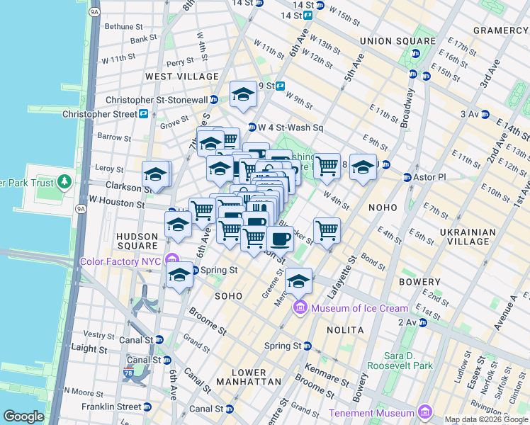 map of restaurants, bars, coffee shops, grocery stores, and more near Thompson St & Bleecker St in New York